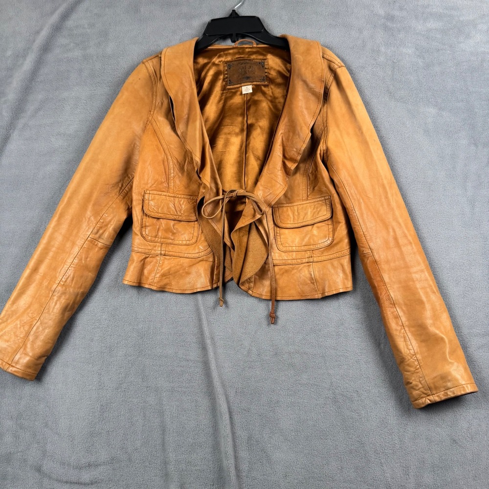 Old Navy Womens Camel Tan Genuine Leather Ruffle Tie Front Cropped Jacket Small